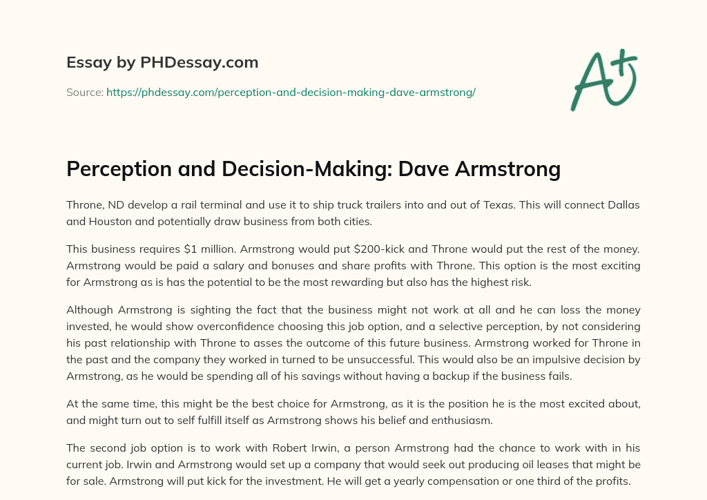 Perception and Decision-Making: Dave Armstrong essay