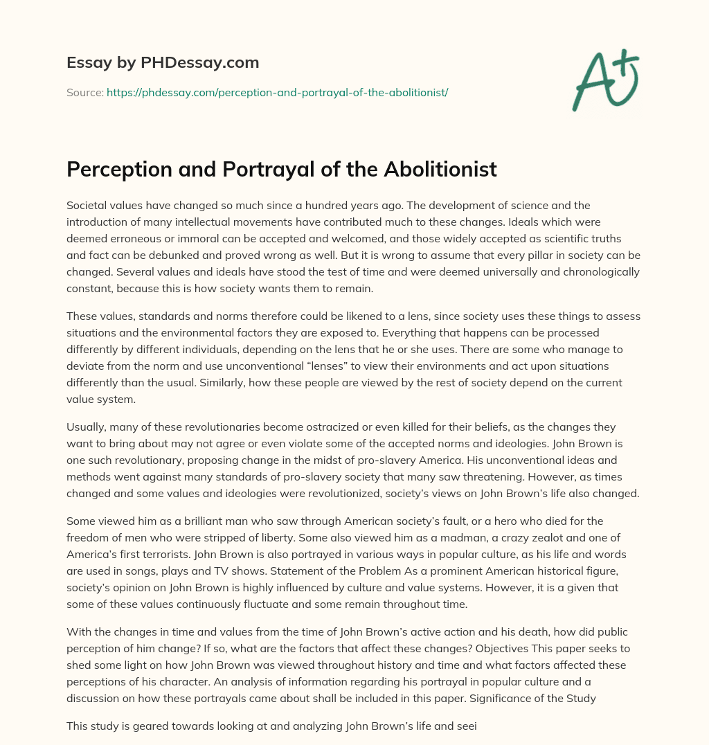 Perception and Portrayal of the Abolitionist essay