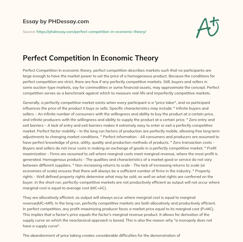 Perfect Competition In Economic Theory essay