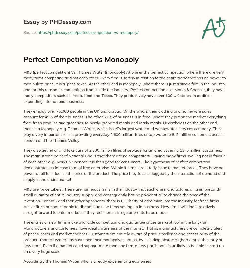 Perfect Competition vs Monopoly essay