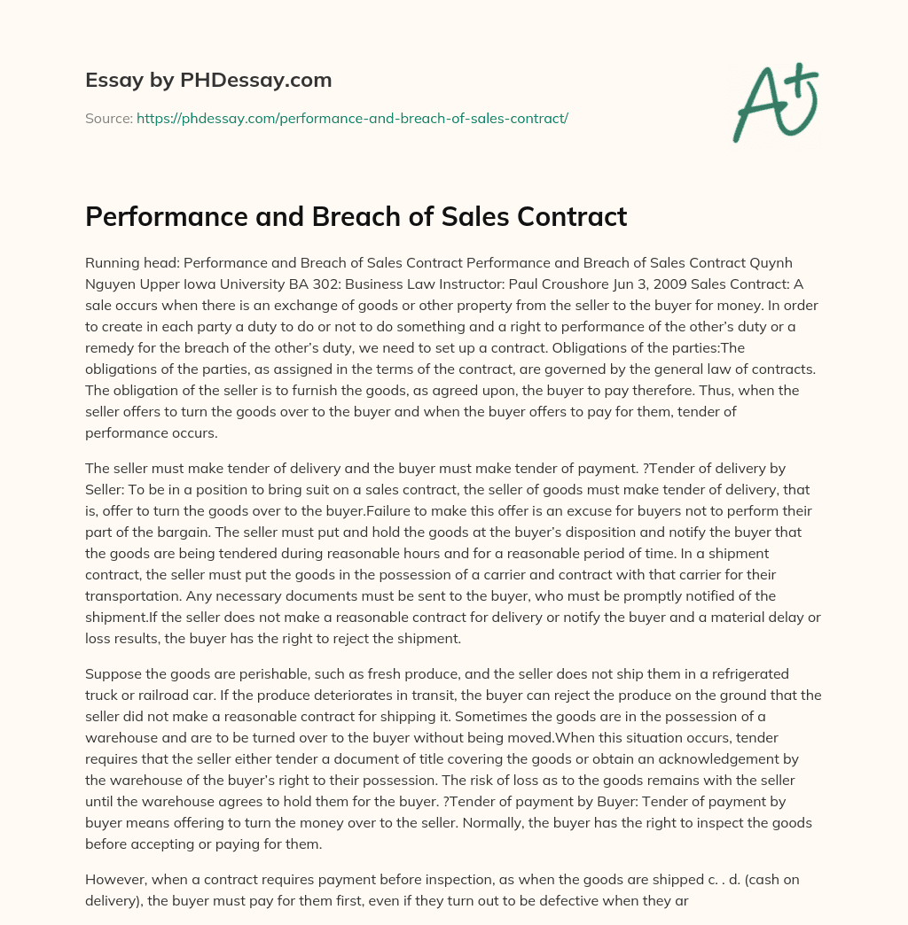 Performance and Breach of Sales Contract essay