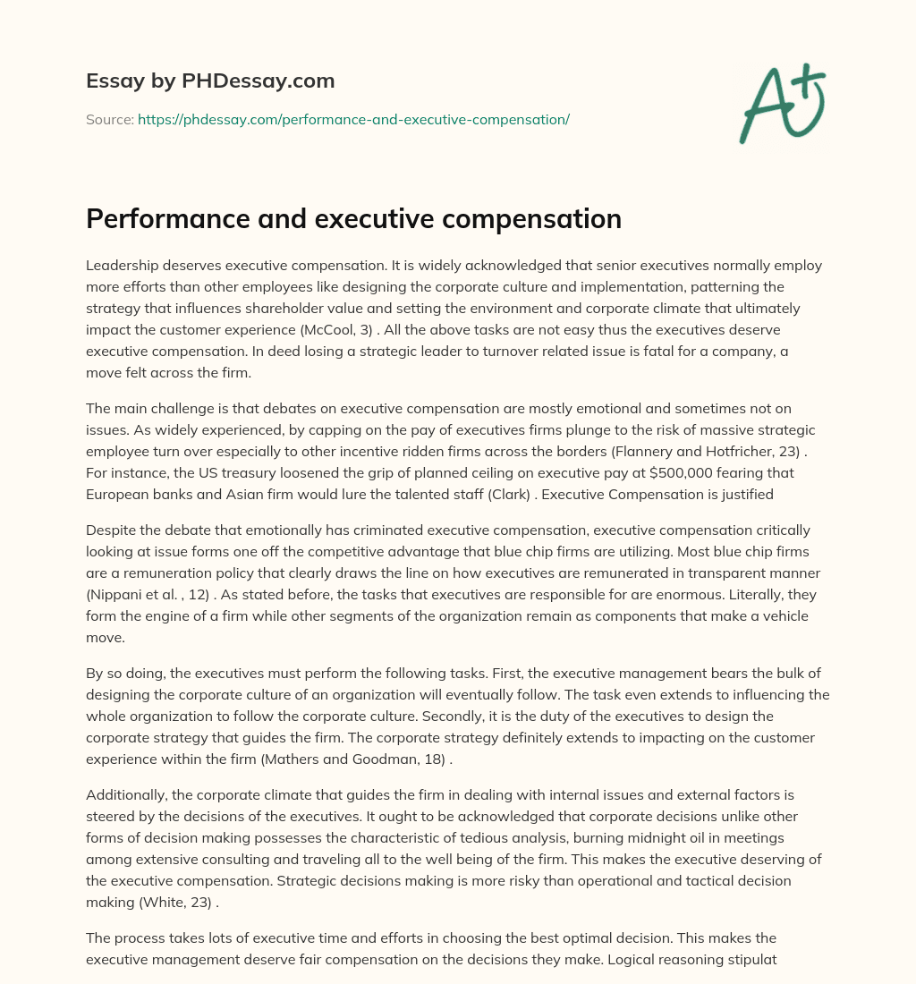 Performance and executive compensation essay