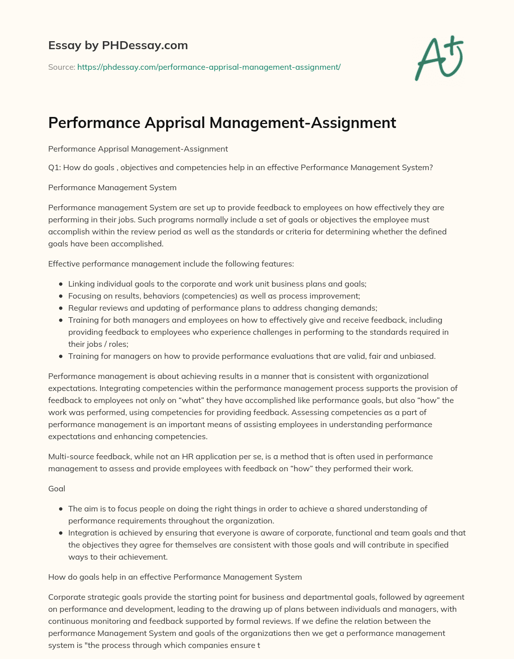 Performance Apprisal Management-Assignment essay