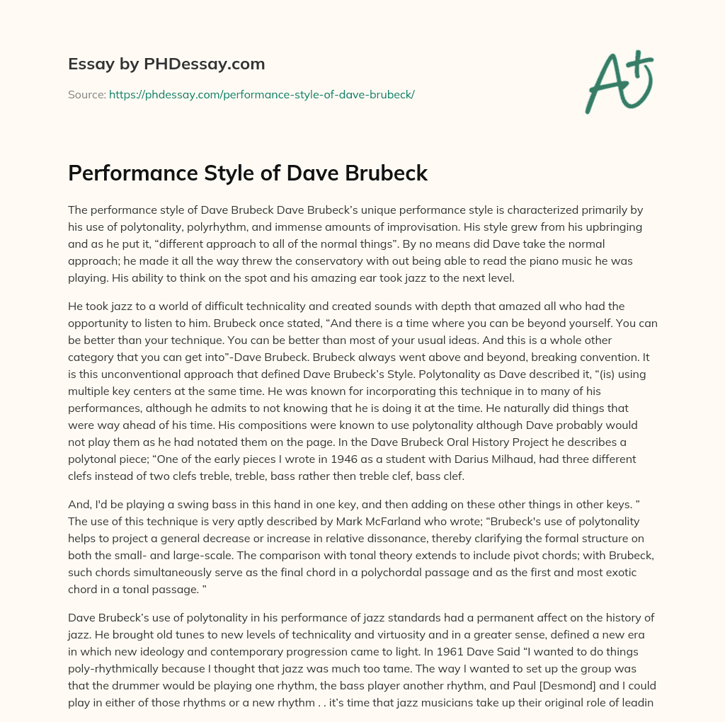 Performance Style of Dave Brubeck essay
