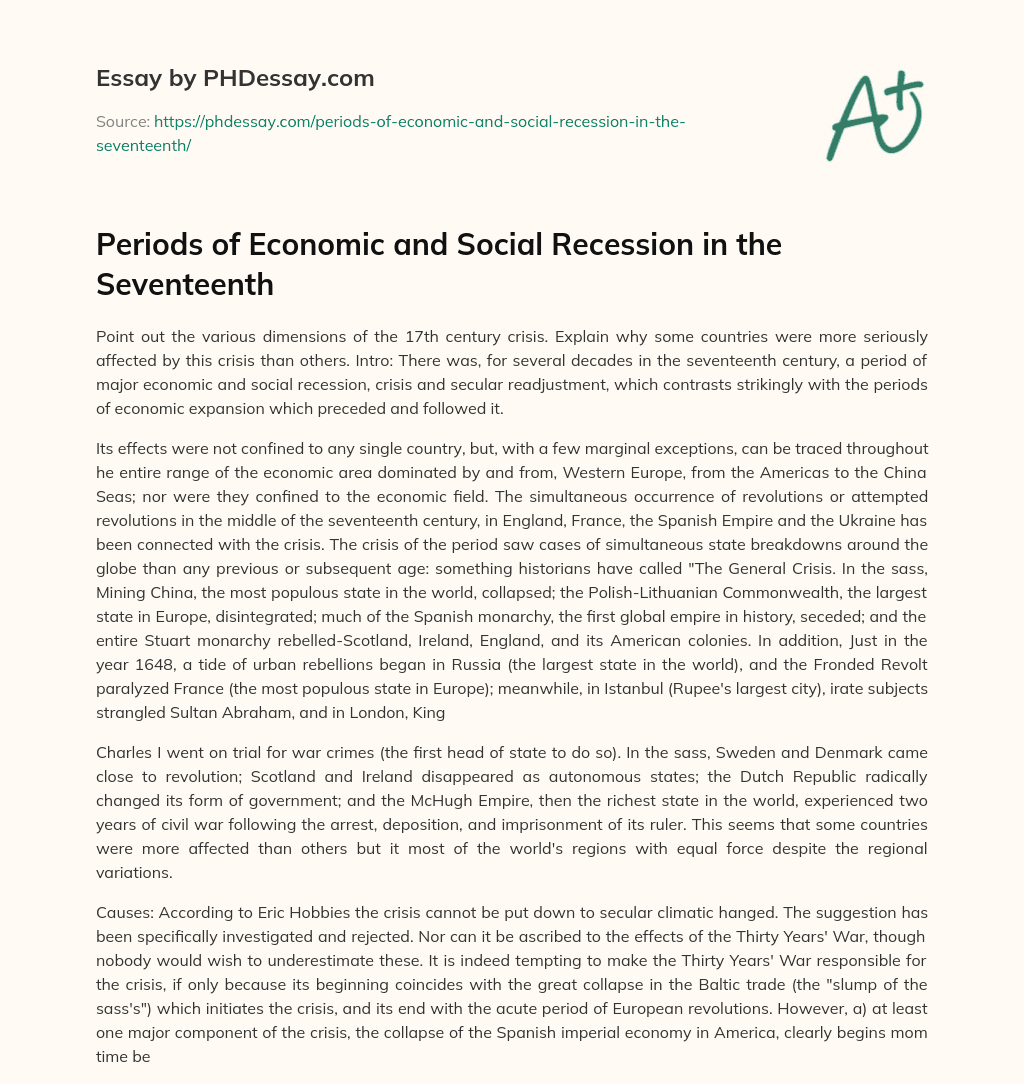 Periods of Economic and Social Recession in the Seventeenth essay