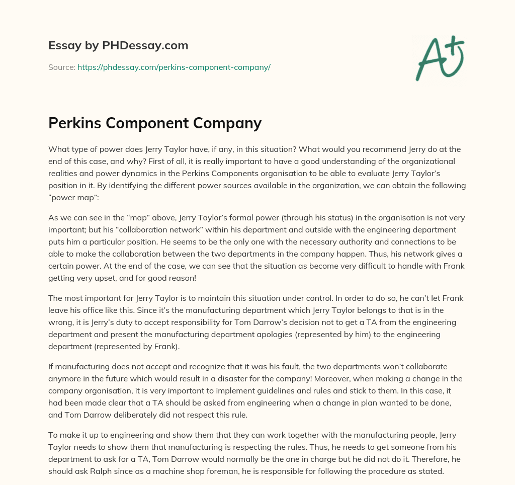 Perkins Component Company essay