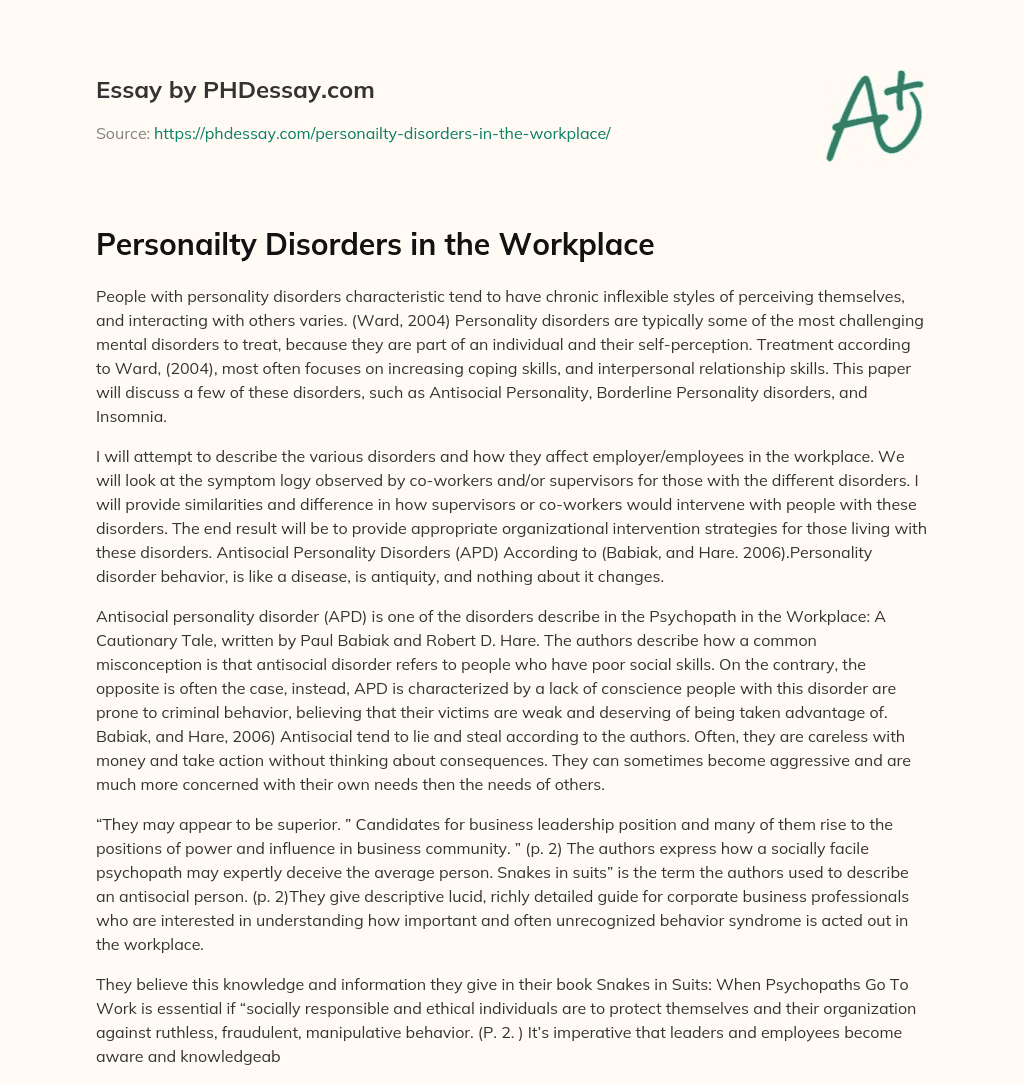 Personailty Disorders in the Workplace essay