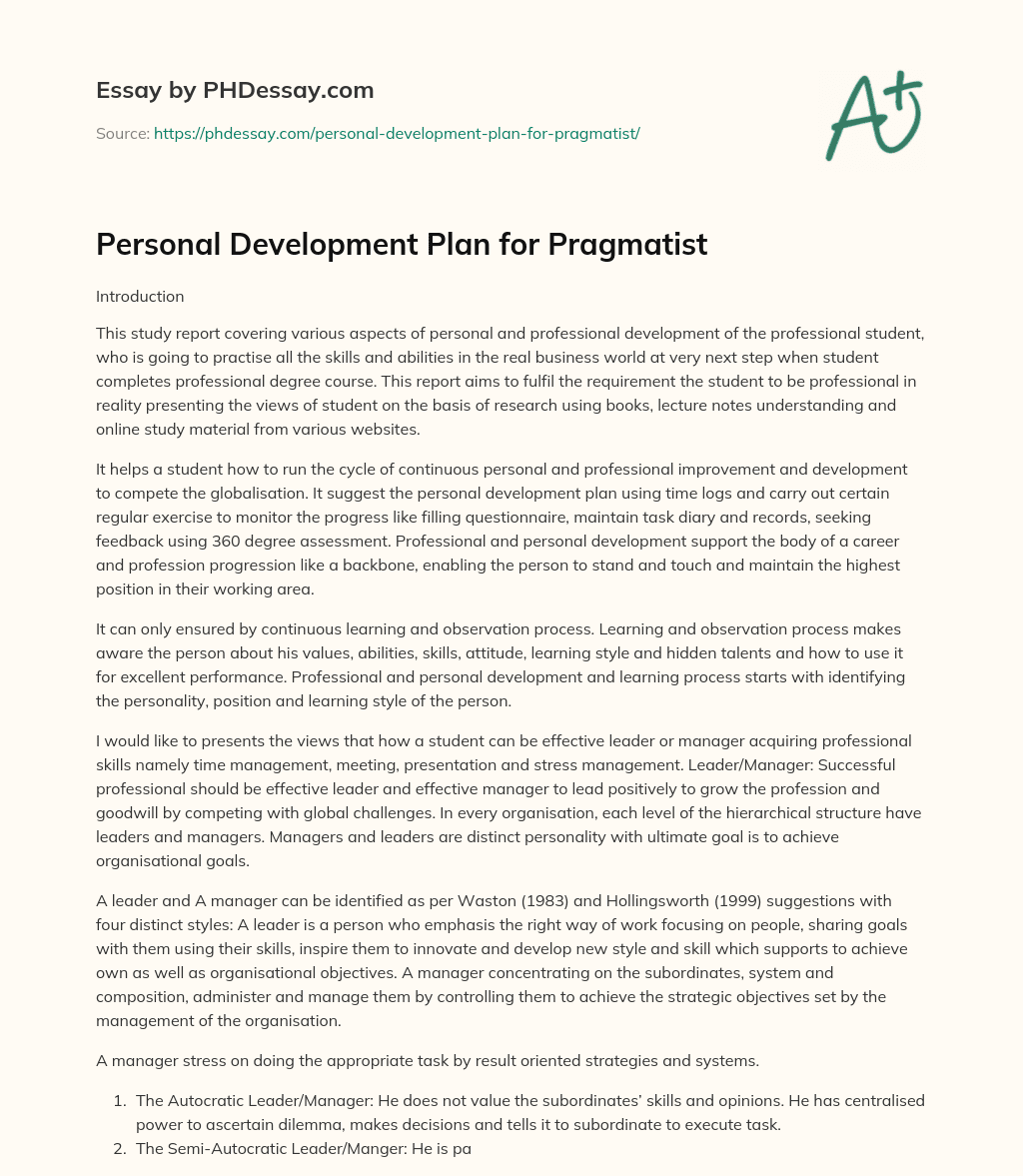 Personal Development Plan for Pragmatist essay