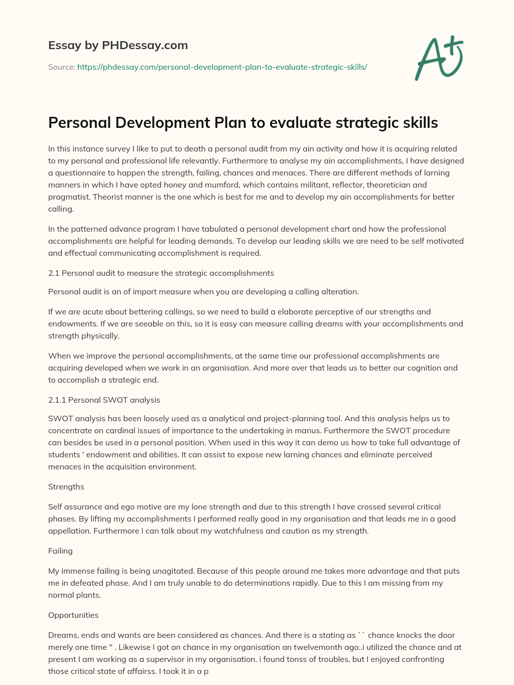 Personal Development Plan to evaluate strategic skills essay