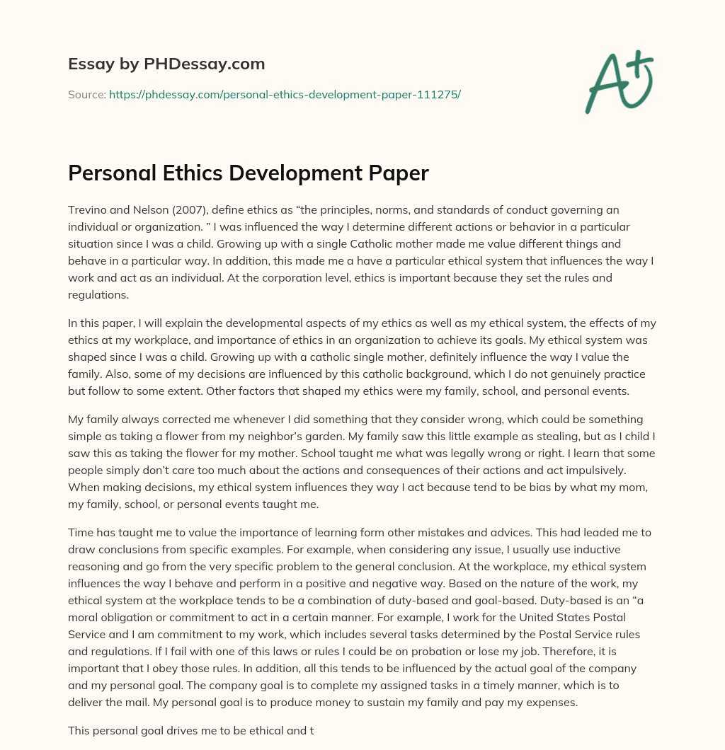 Personal Ethics Development Paper - PHDessay.com