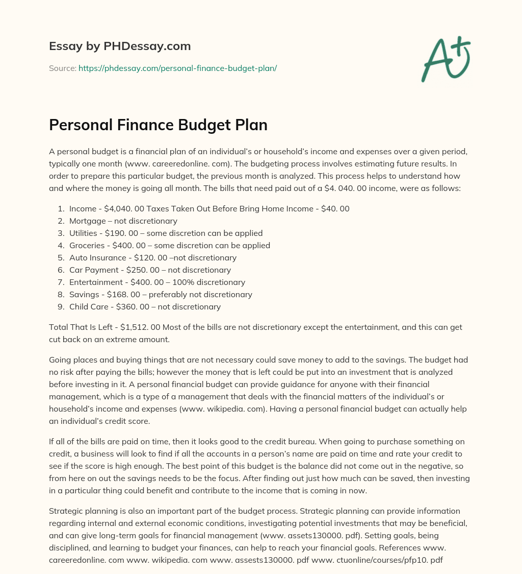 Personal Finance Budget Plan essay