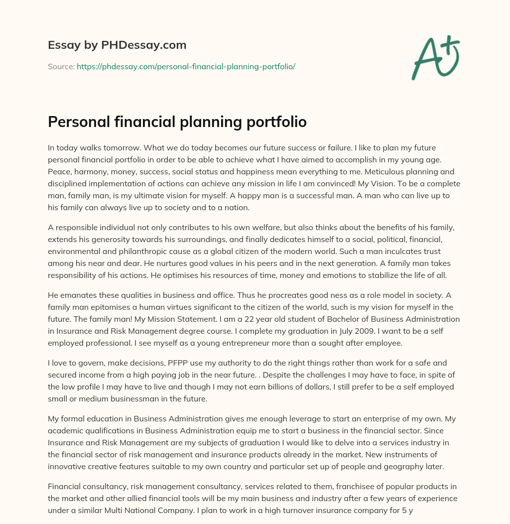 Personal financial planning portfolio essay
