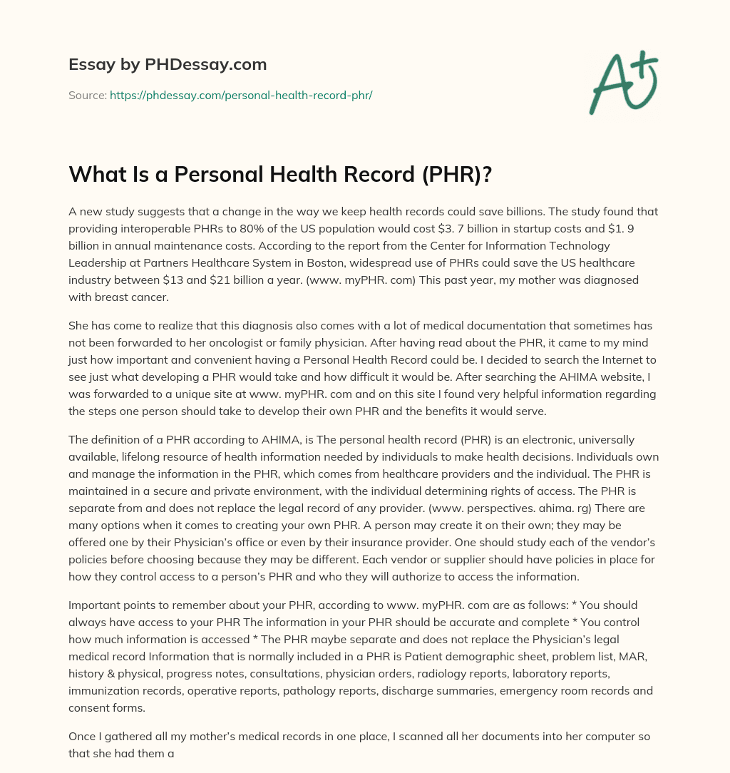 What Is a Personal Health Record (PHR)? essay