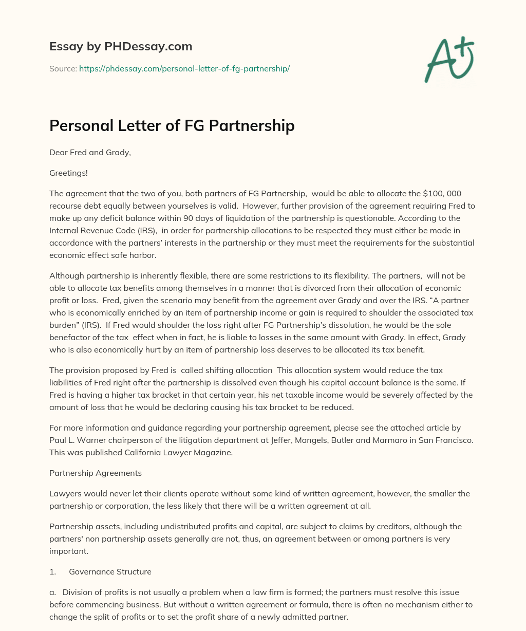 Personal Letter of FG Partnership essay