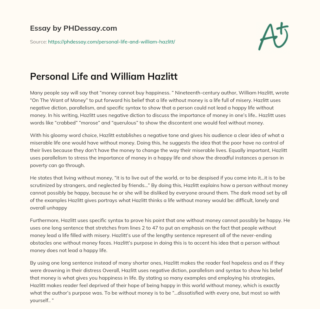 Personal Life and William Hazlitt essay