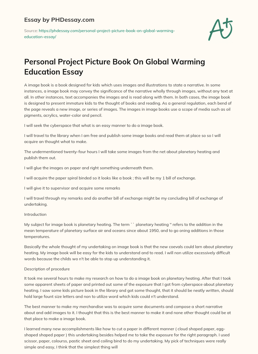 Personal Project Picture Book On Global Warming Education Essay essay