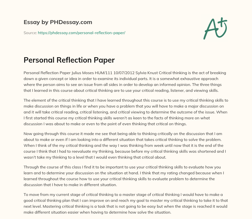 Personal Reflection Paper essay