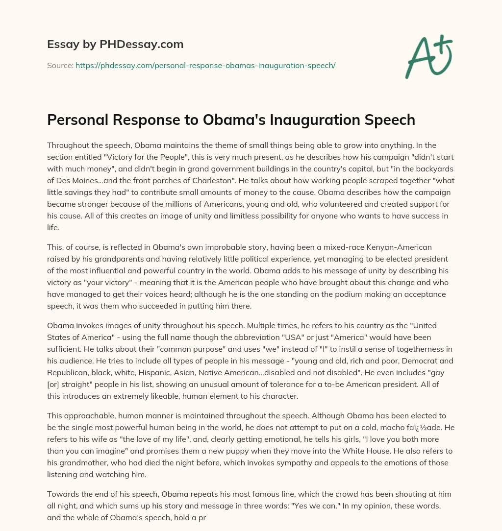 Personal Response to Obama’s Inauguration Speech essay
