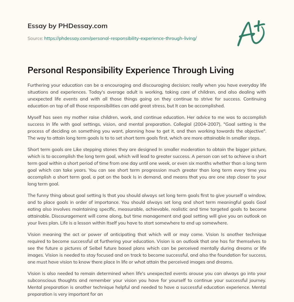 Personal Responsibility Experience Through Living essay