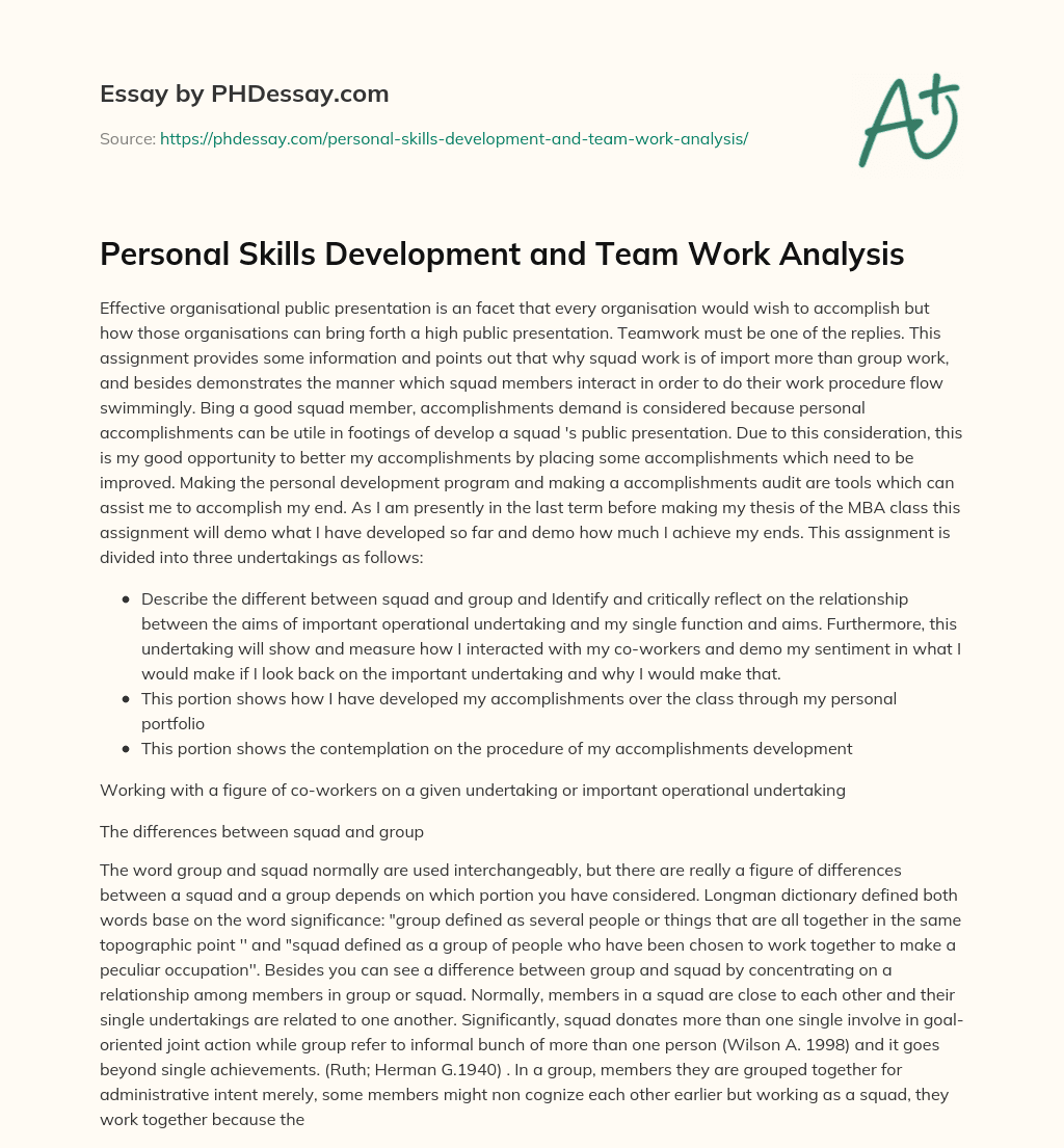 Personal Skills Development and Team Work Analysis essay