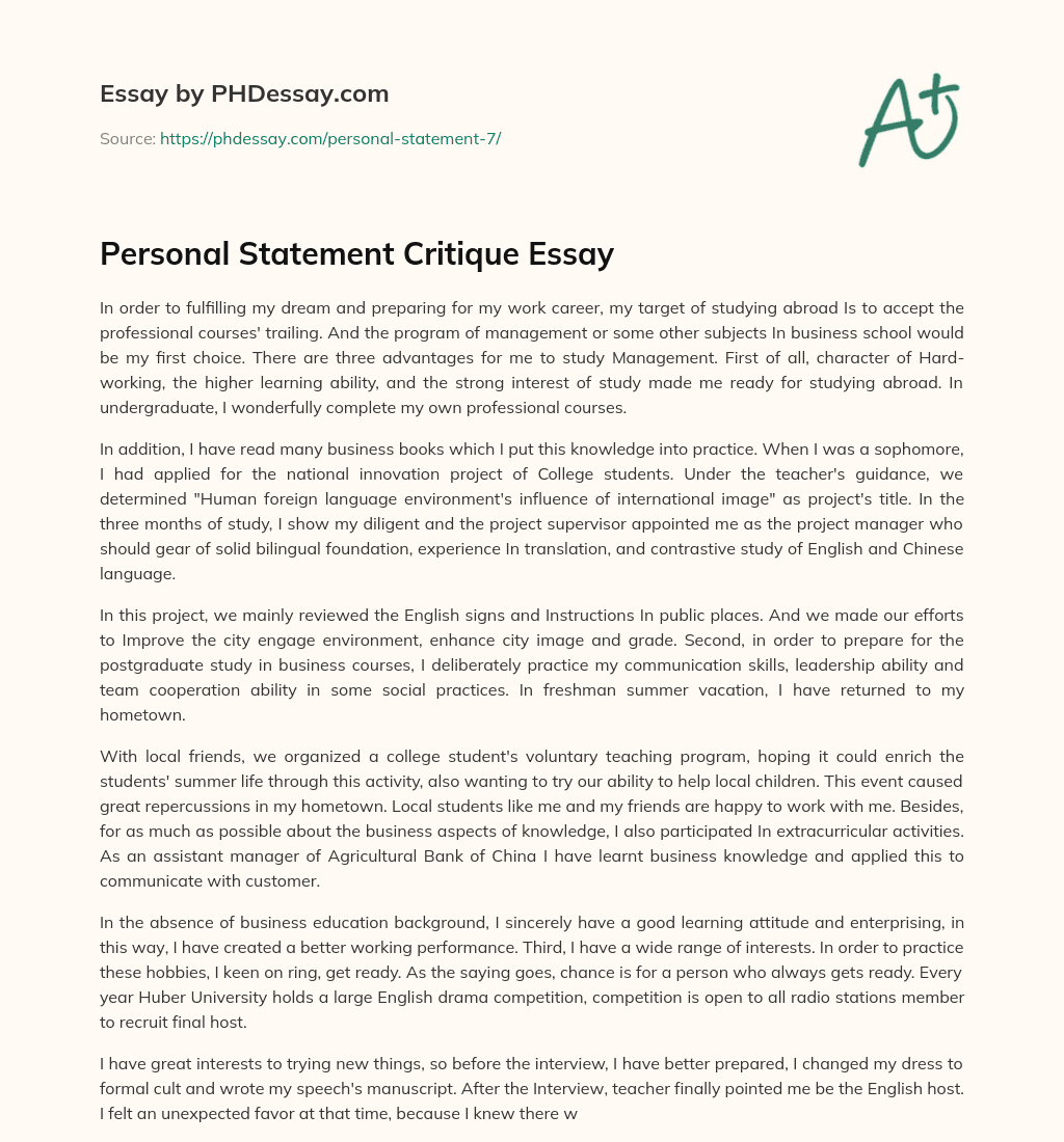 Personal Statement Critique Essay Phdessay