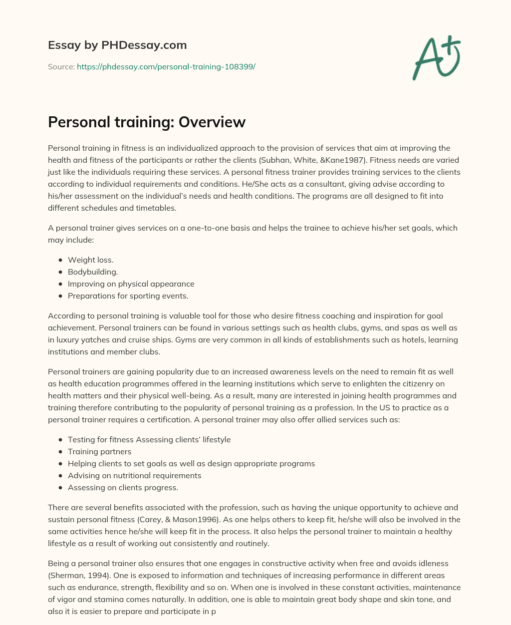 Personal training: Overview essay