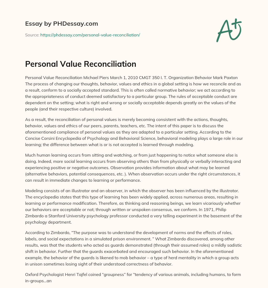 Personal Value Reconciliation essay