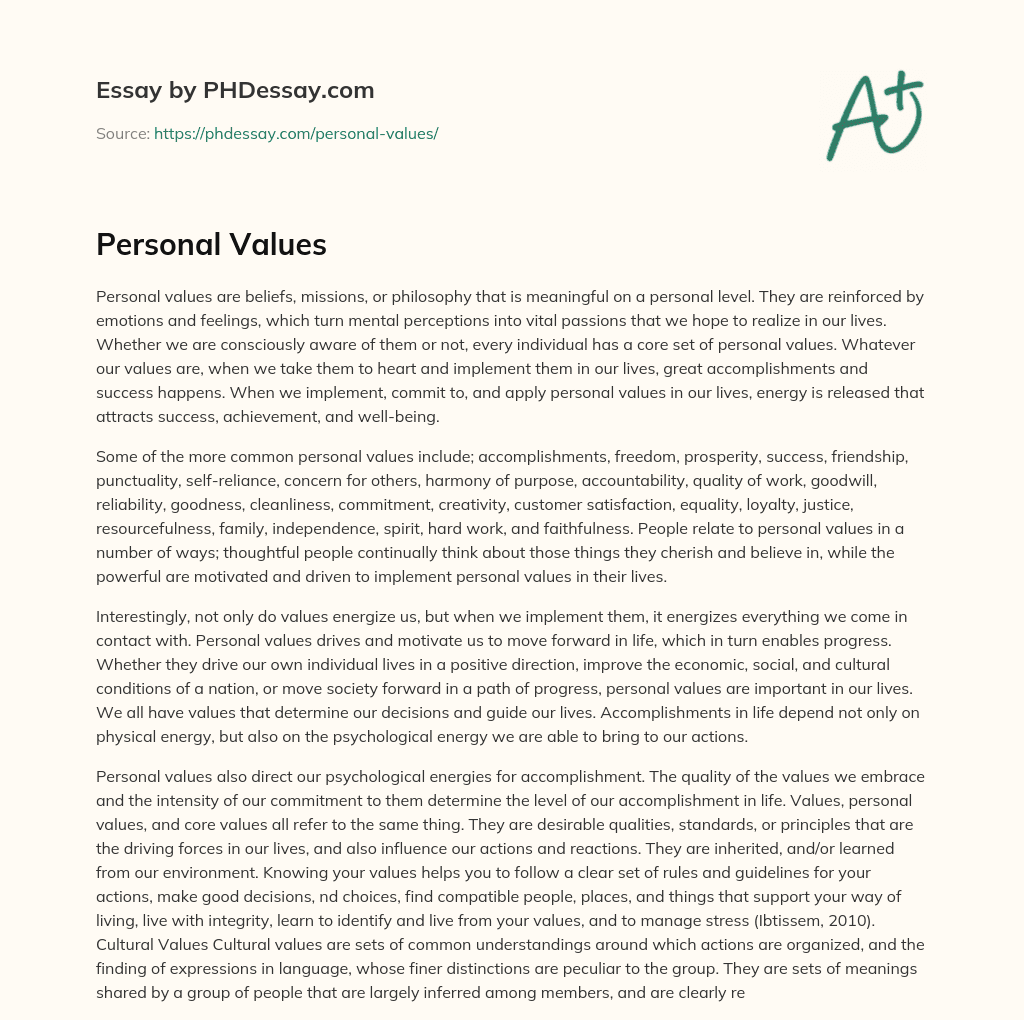 essay on personal values