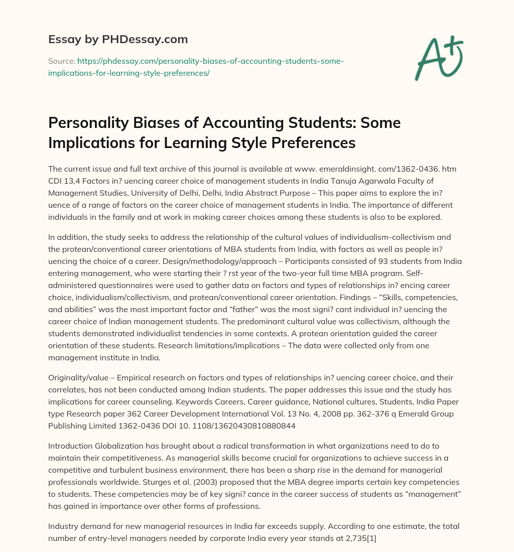 Personality Biases of Accounting Students: Some Implications for Learning Style Preferences essay