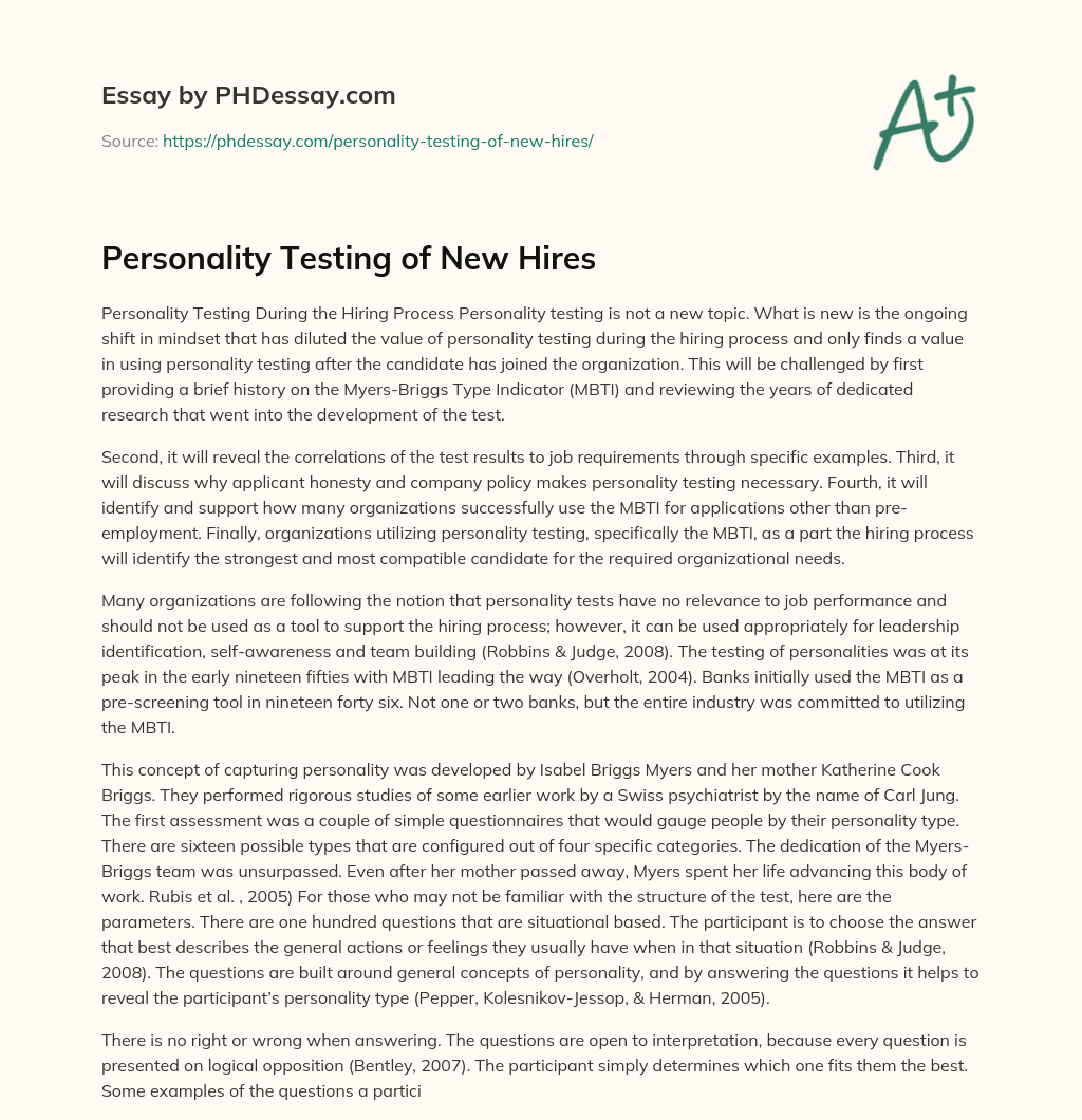 Personality Testing of New Hires essay