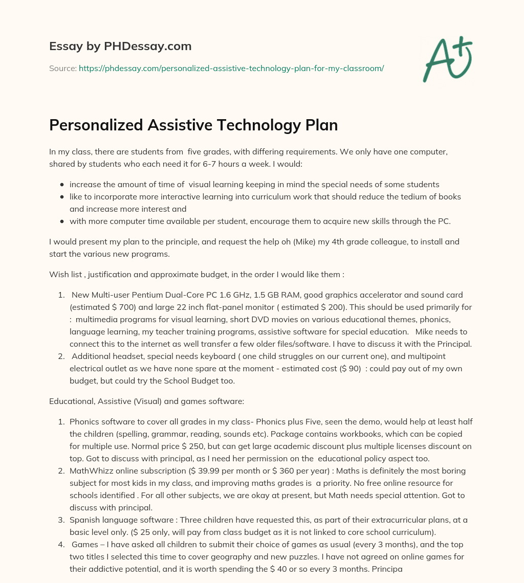 Personalized Assistive Technology Plan essay