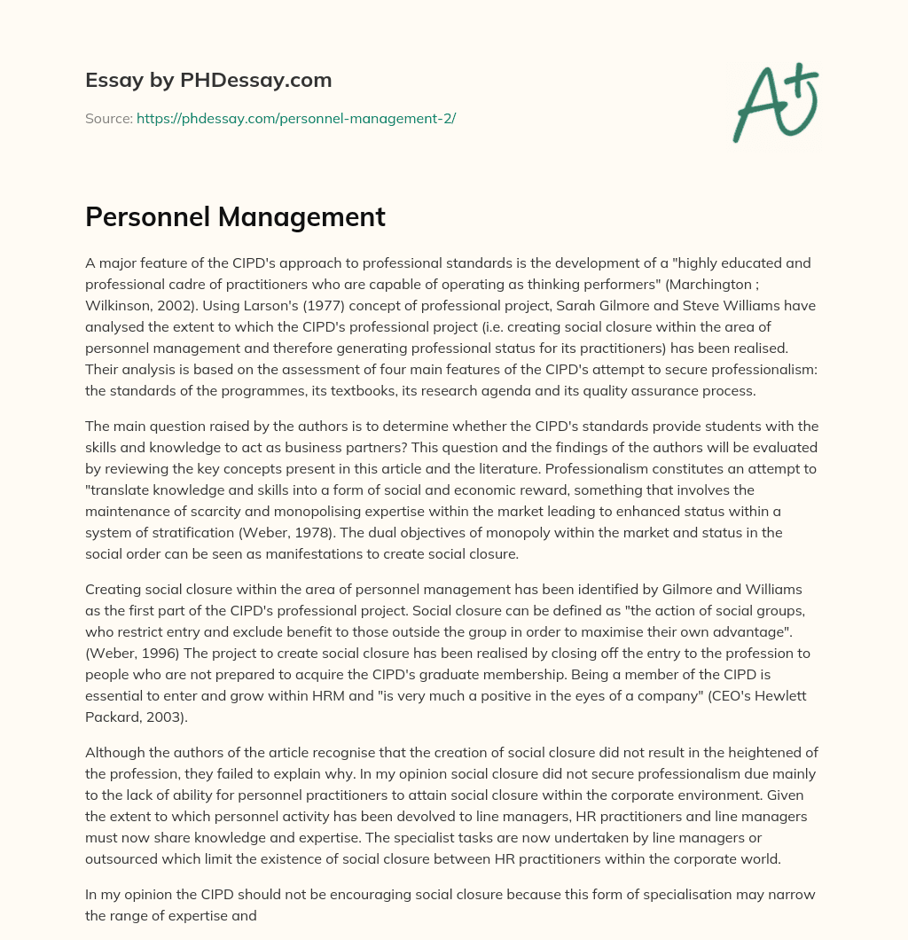 Personnel Management essay