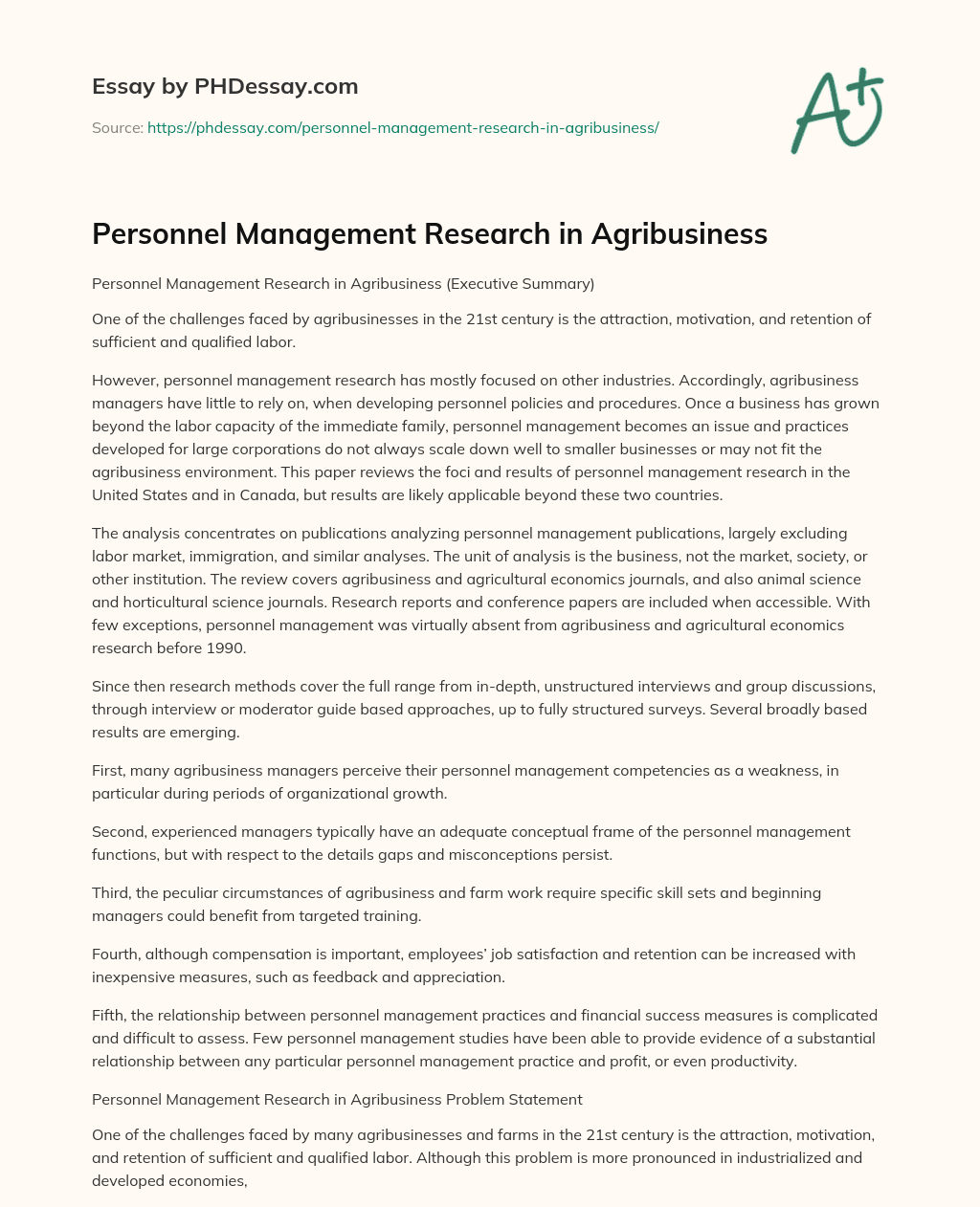 Personnel Management Research in Agribusiness essay