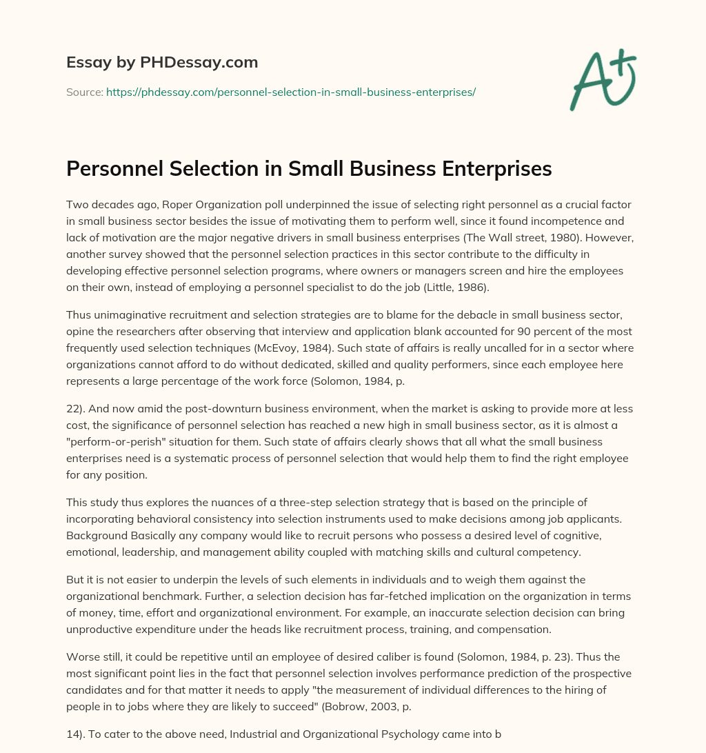 Personnel Selection in Small Business Enterprises essay