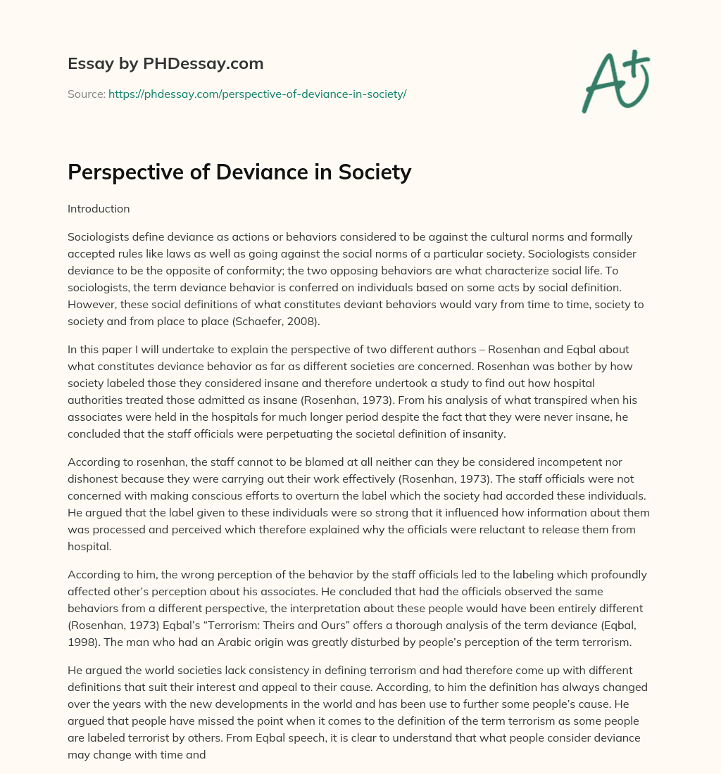 Perspective of Deviance in Society essay