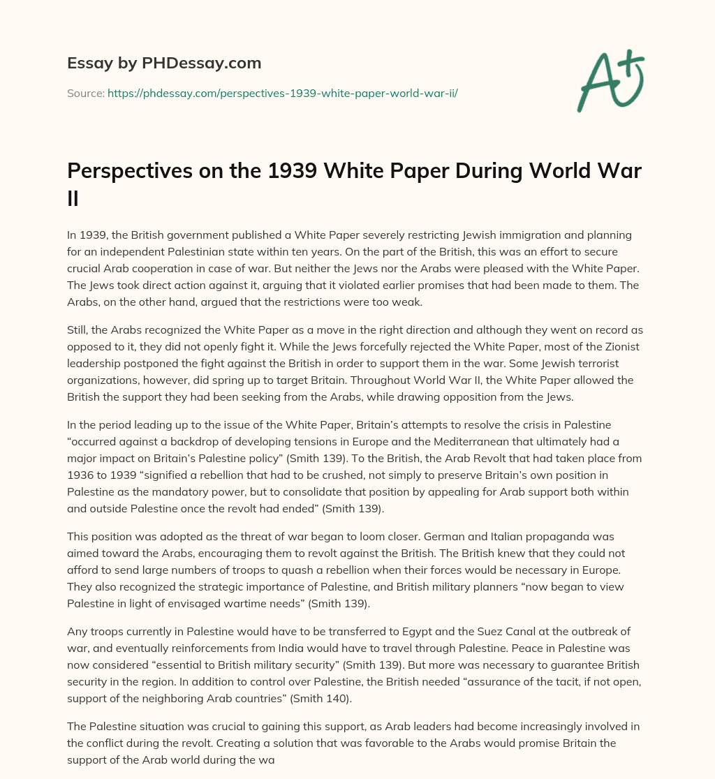 Perspectives on the 1939 White Paper During World War II essay