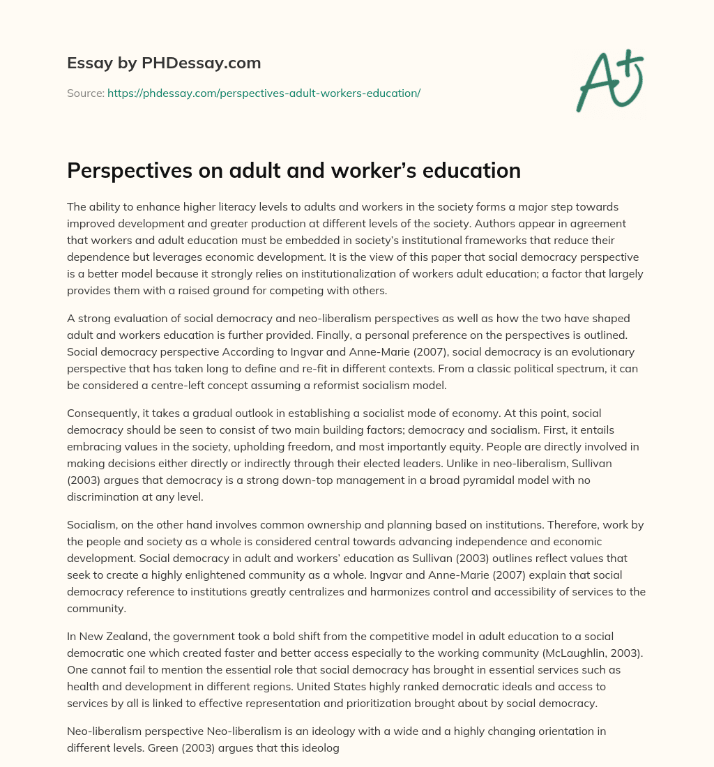 Perspectives on adult and worker’s education essay