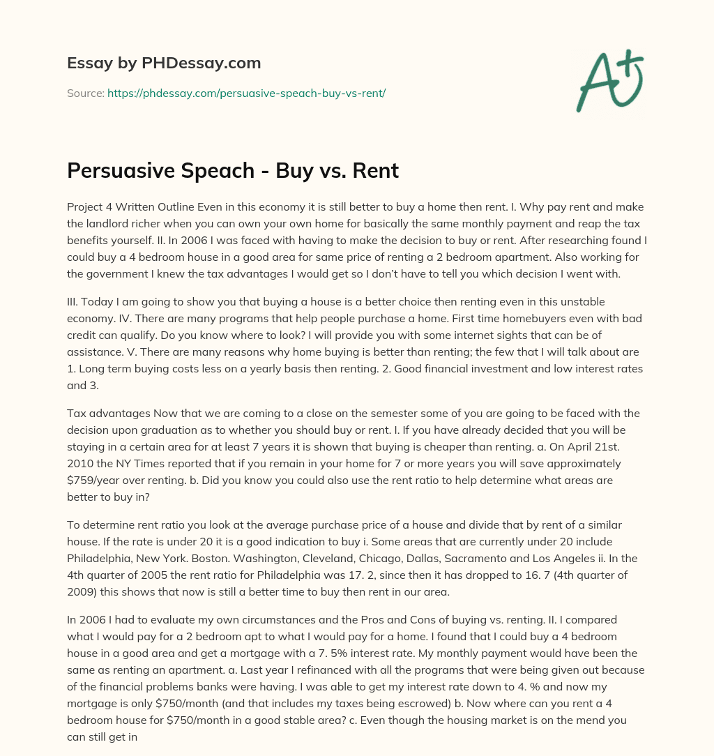 Persuasive Speach – Buy vs. Rent essay