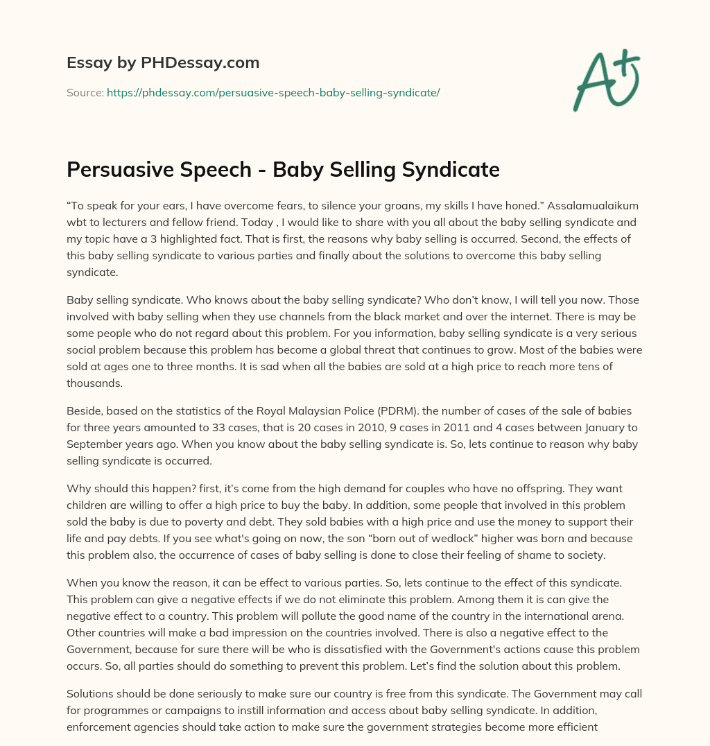Persuasive Speech – Baby Selling Syndicate essay