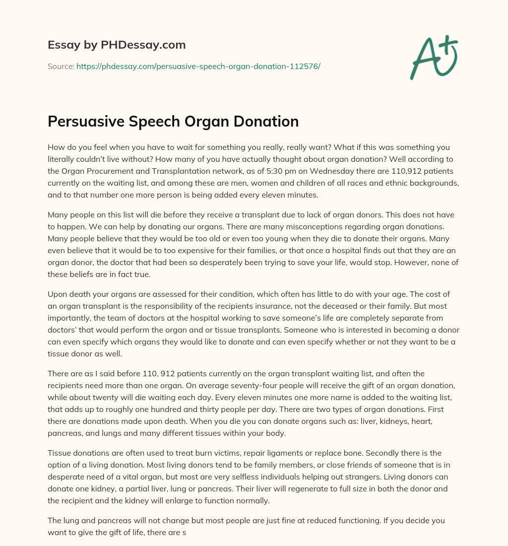 Persuasive Speech Organ Donation essay