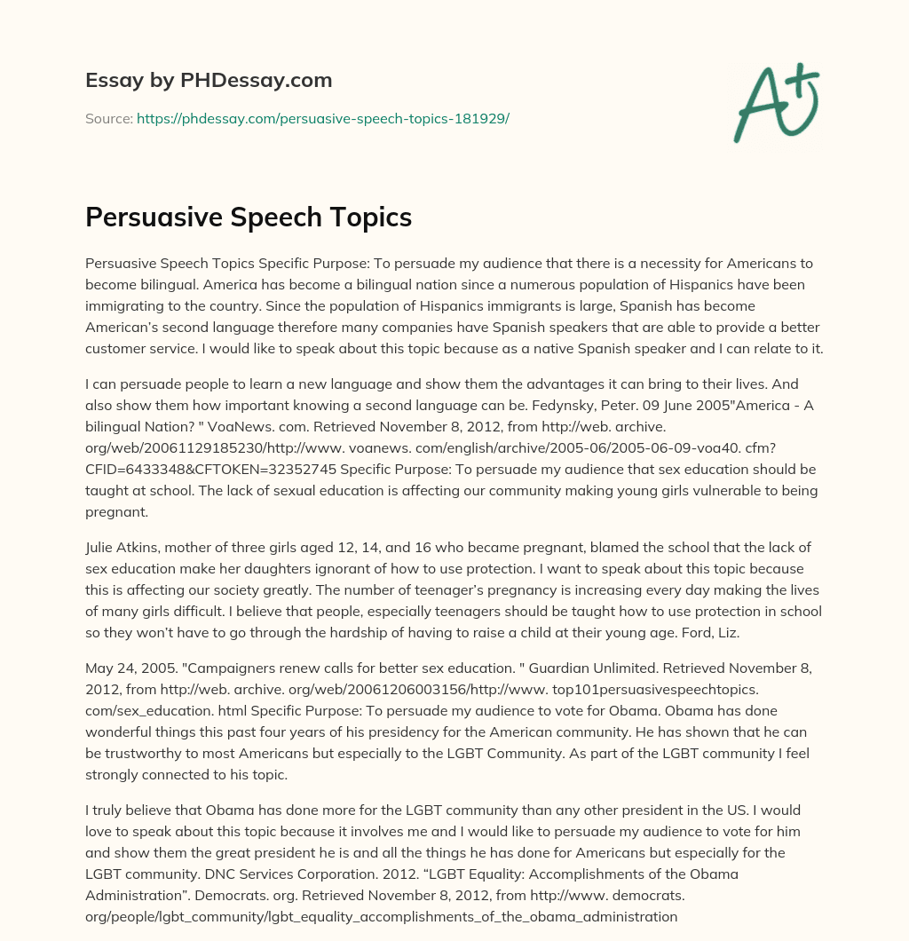 Persuasive Speech Topics essay