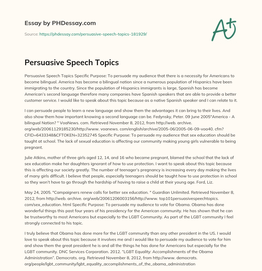 Persuasive Speech Topics 400 Words PHDessay