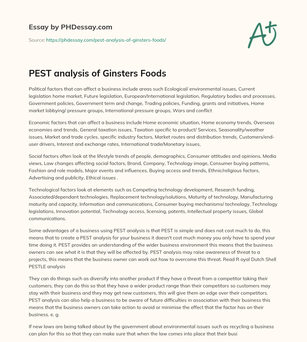 PEST analysis of Ginsters Foods essay