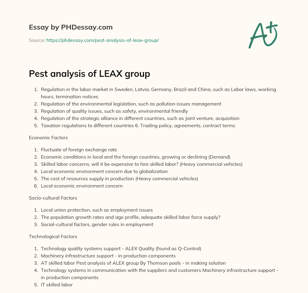 Pest analysis of LEAX group essay