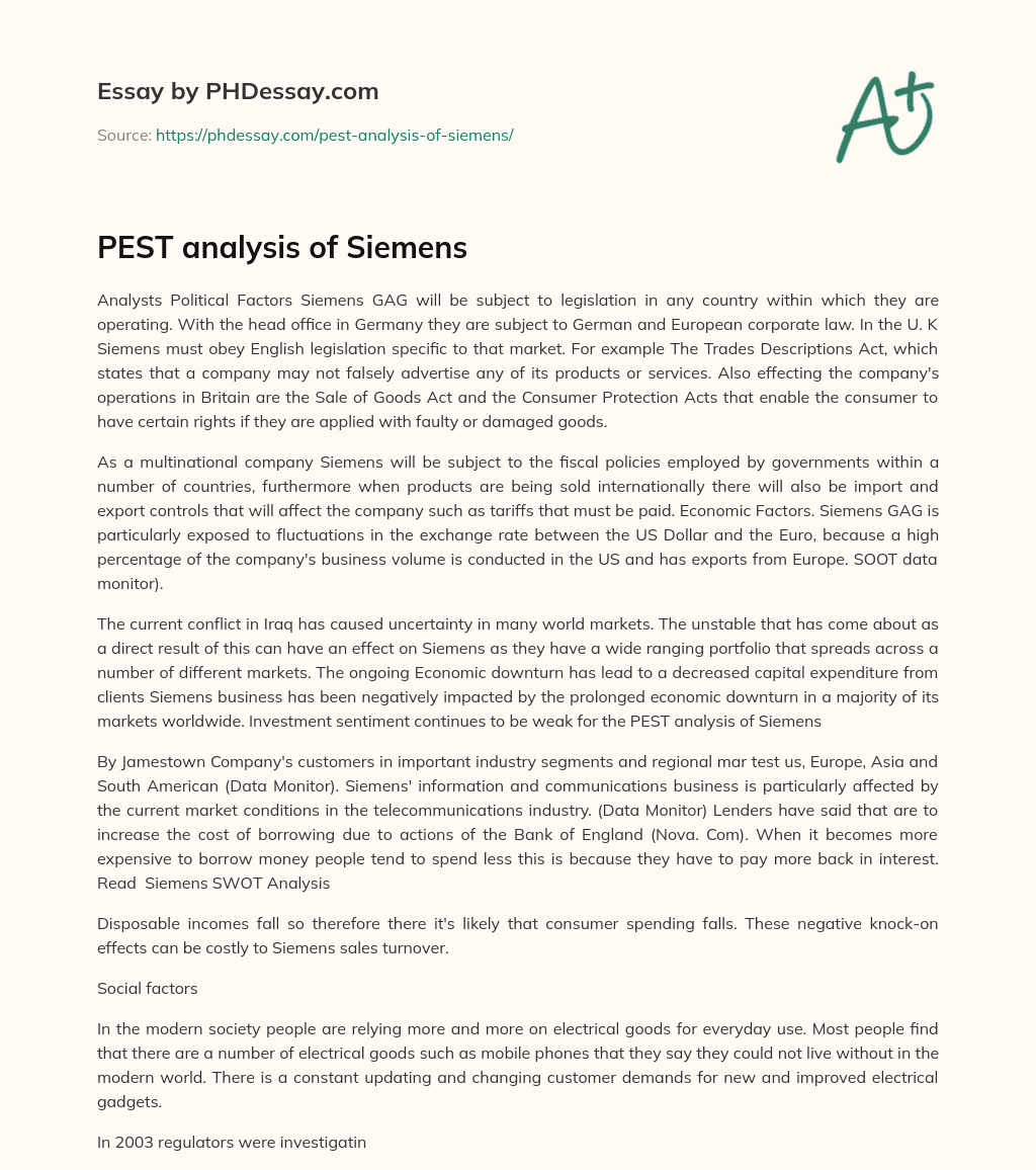 PEST analysis of Siemens essay