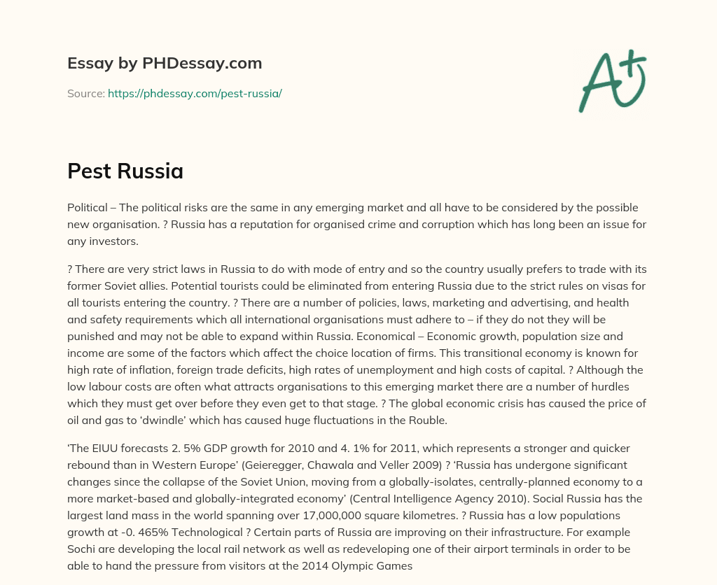 Political and Economic Risks in Russia for International Organizations essay