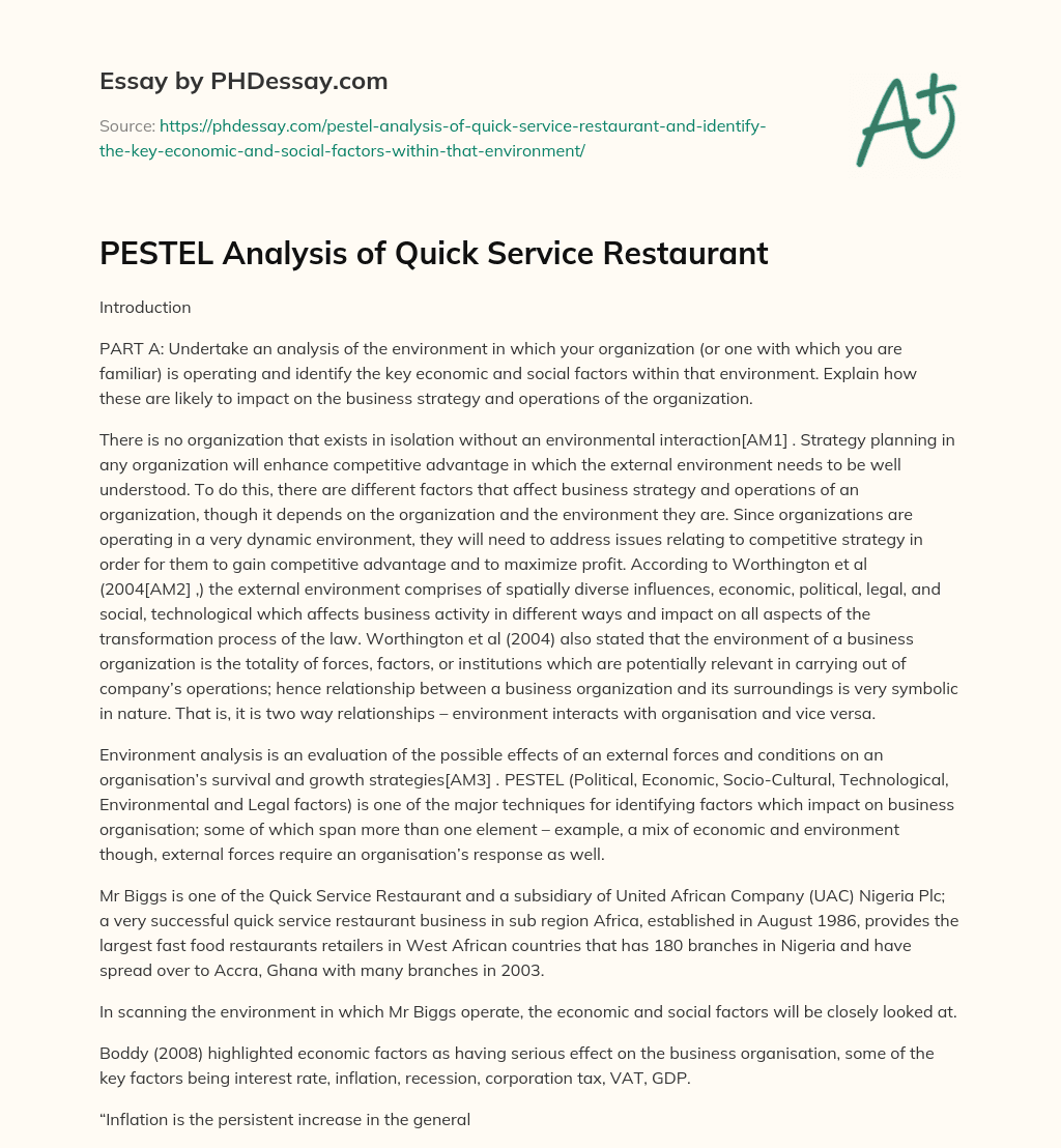 PESTEL Analysis of Quick Service Restaurant essay