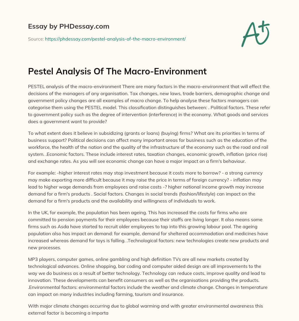 Pestel Analysis Of The Macro-Environment essay