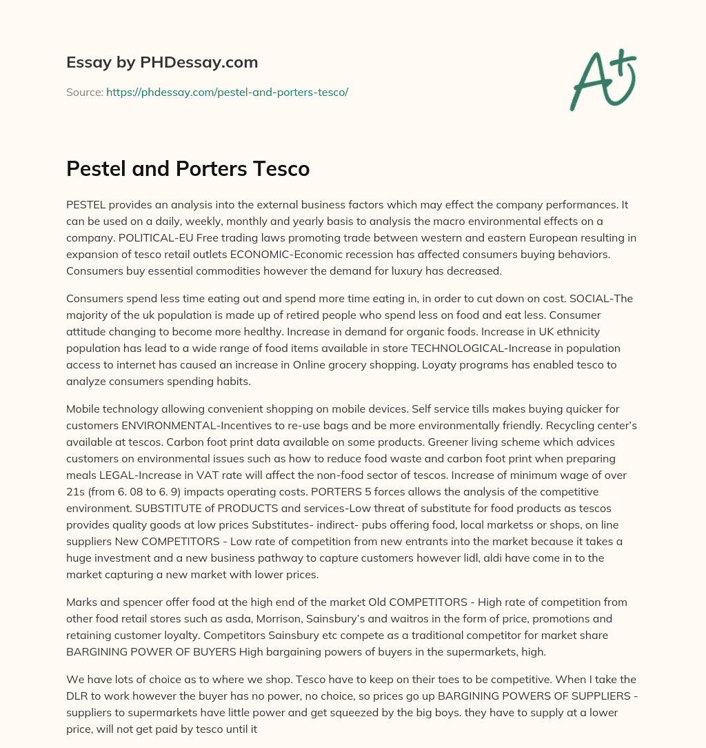 Pestel and Porters Tesco essay