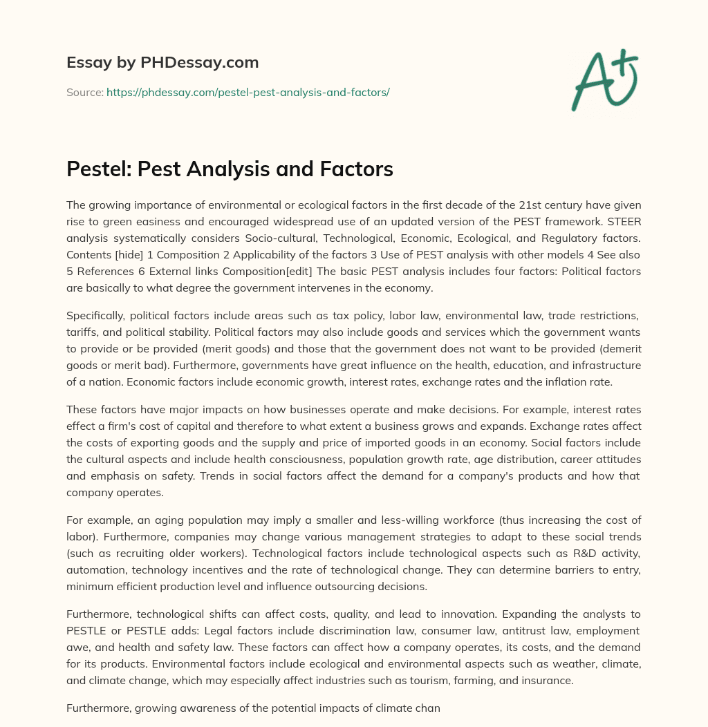 Pestel: Pest Analysis and Factors essay